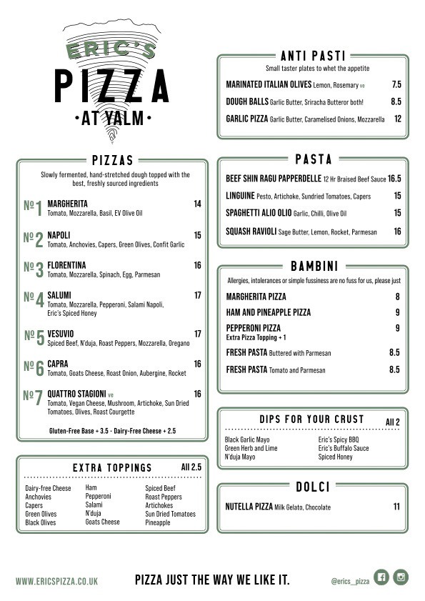 Eric’s Pizza Yalm, Norwich Menu